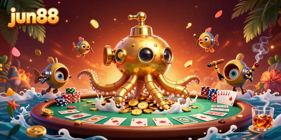 Engage with the exciting world of jun88 casino through a colorful 3D illustration of a golden kraken amidst poker elements.
