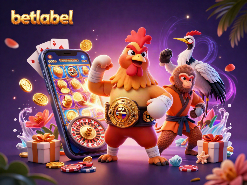 Win big with BetLabel at this vibrant casino scene featuring lively characters and exciting game elements.