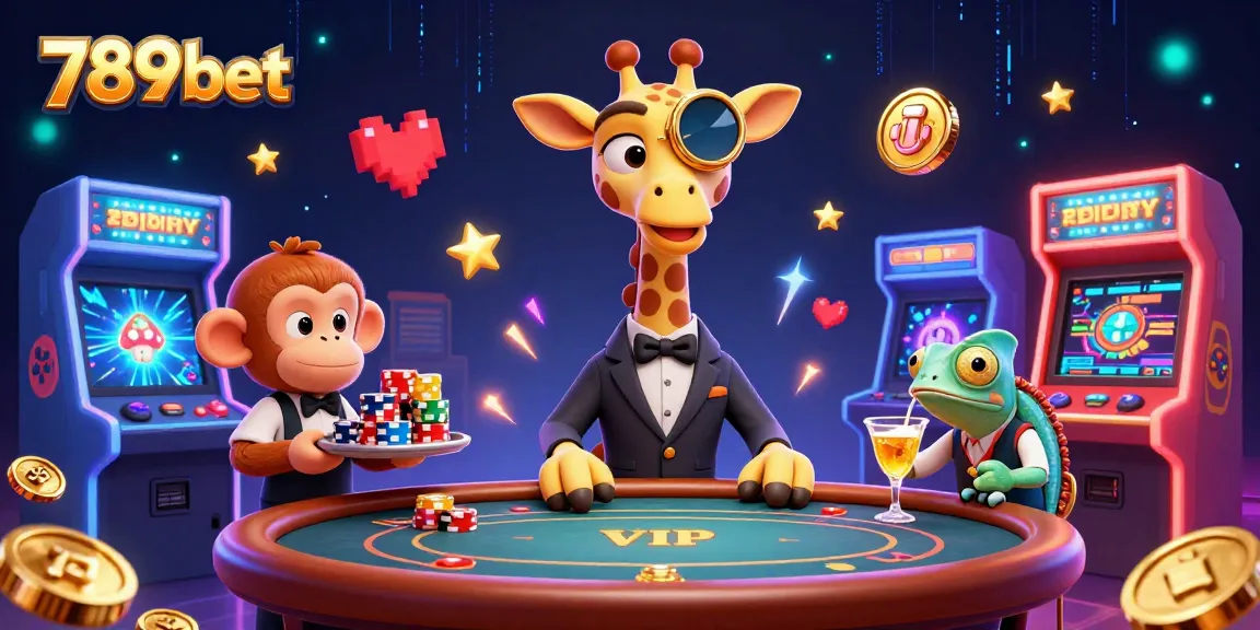 Engage with 789bet's vibrant 3D casino scene featuring a high-roller giraffe, monkey valet, and chameleon bartender in action.