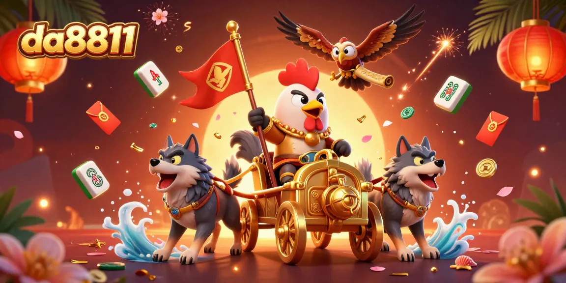 Experience the thrill at da8811, where a cartoon rooster warlord leads a vibrant gaming adventure.