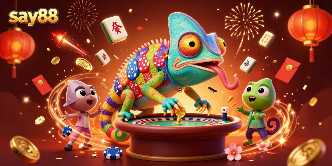 Experience the excitement of say88 with a vibrant casino scene featuring a chameleon owner collecting coins.