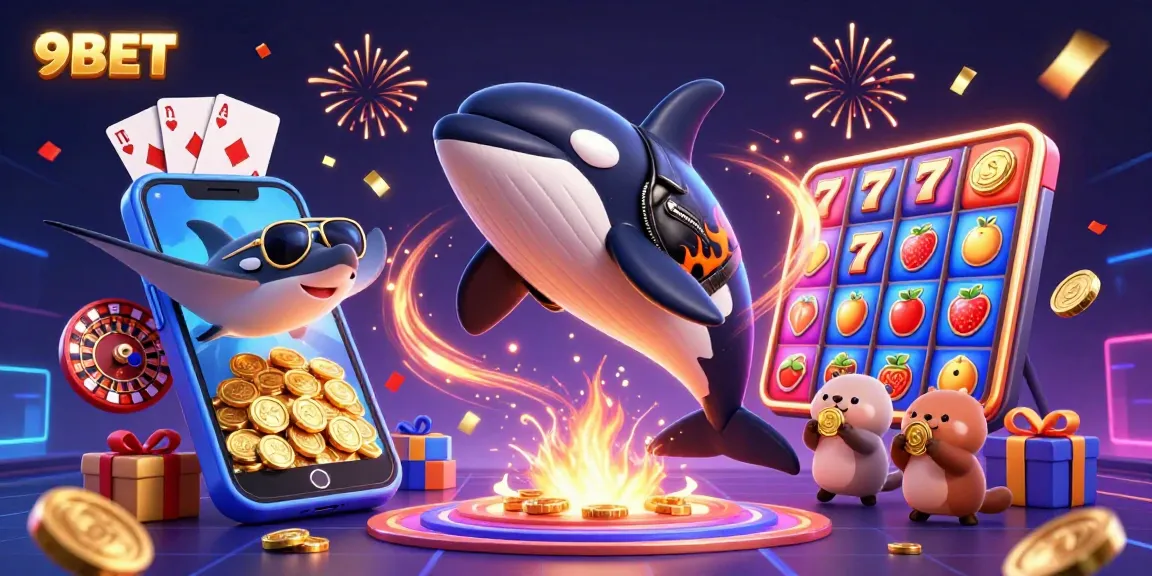 Experience the thrill of 9BET with an exciting illustration showing characters winning big in casino games.