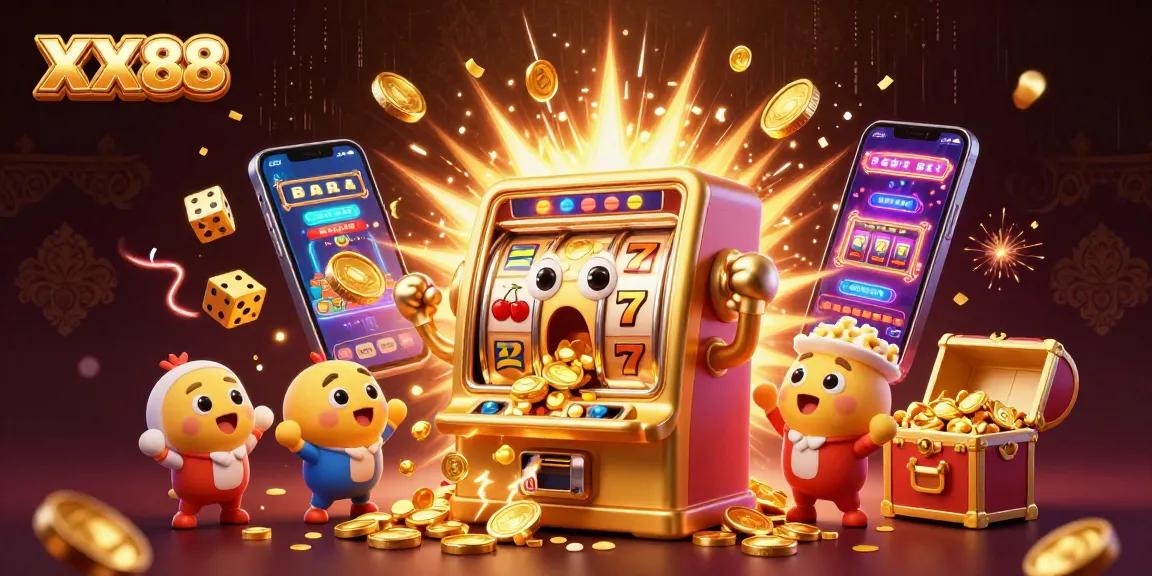 XX88 surprises players with a golden slot machine hitting a jackpot amidst cheering smaller machines and dynamic casino elements.