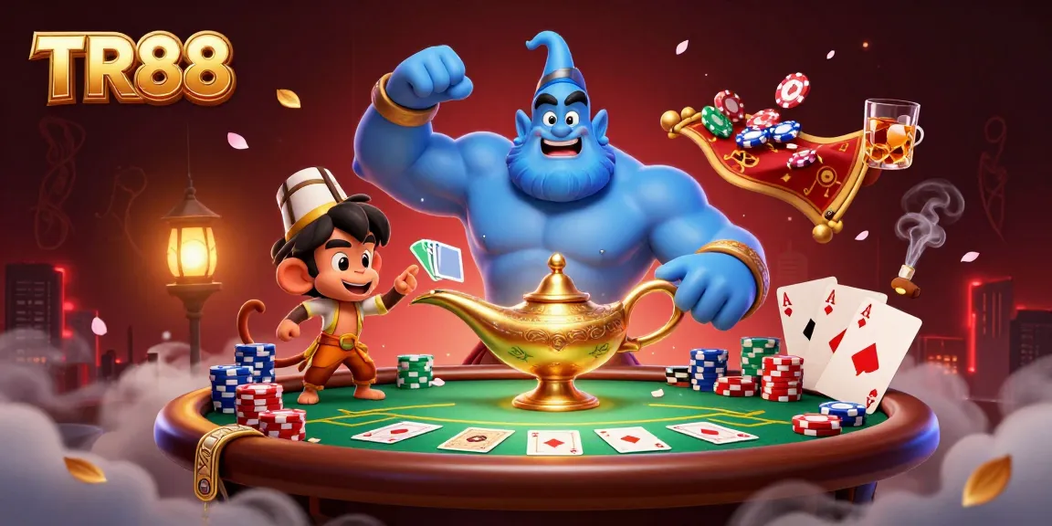 TR88 genie and monkey generate excitement with poker chips amid a vibrant casino setting.