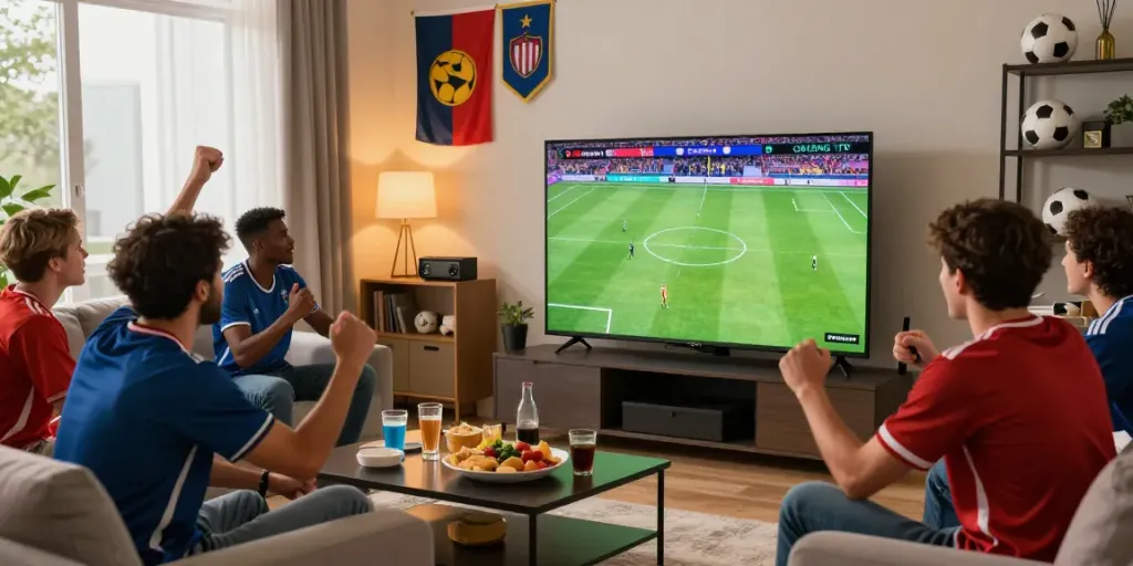 Live soccer viewing experience with friends watching GavangTV in high definition.