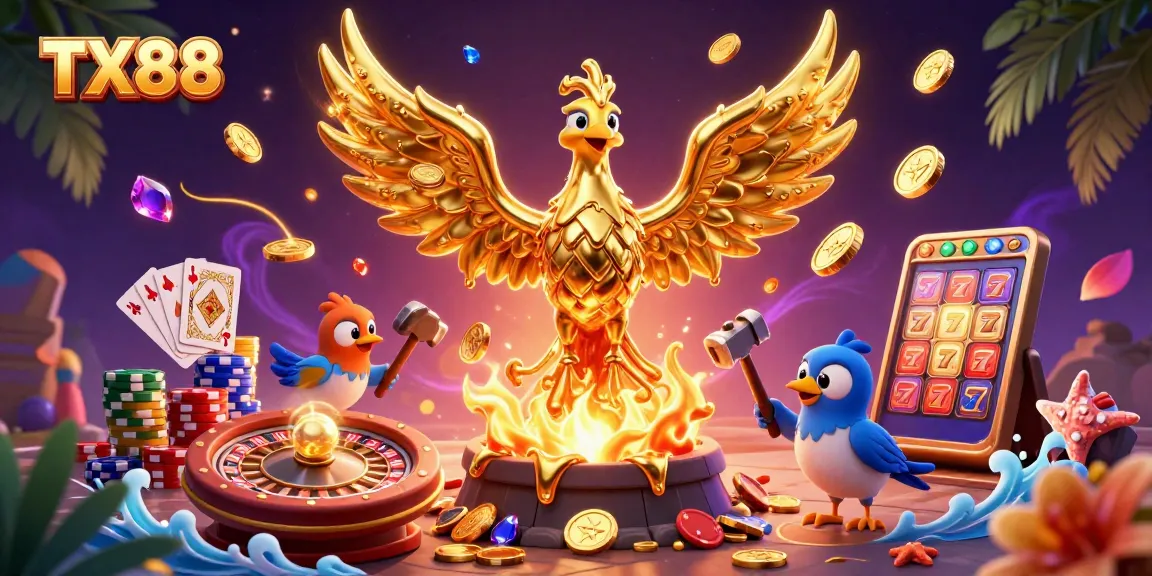 Engage with TX88's exciting gaming experience featuring a golden phoenix and dynamic gambling elements.