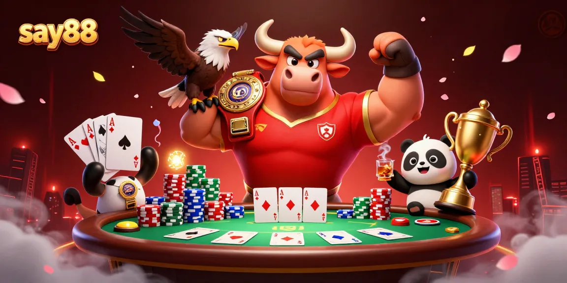Engage in thrilling gameplay at say88, featuring a victory celebration with a bull mascot, eagle, and panda amidst colorful poker elements.