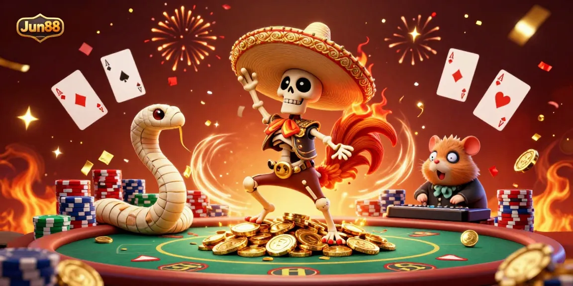 Experience excitement with Jun88's vibrant casino scene featuring animated characters engaged in thrilling gaming action.