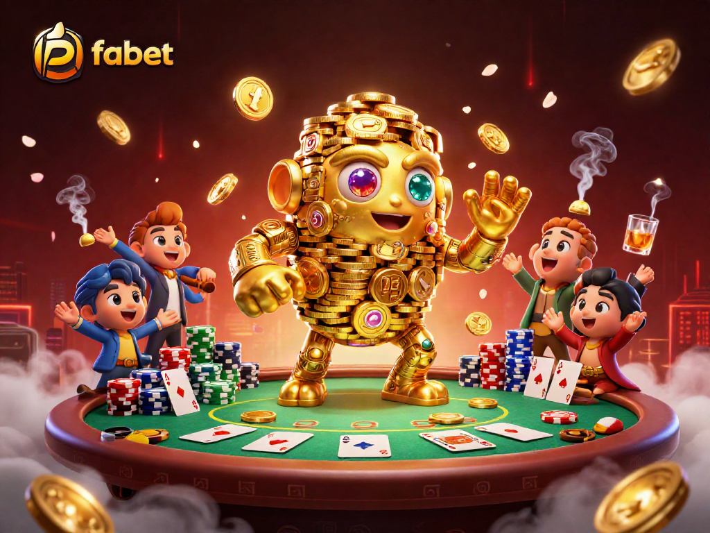 Engage in thrilling gameplay with fabet's dynamic casino scene featuring the golden golem and vibrant poker elements.