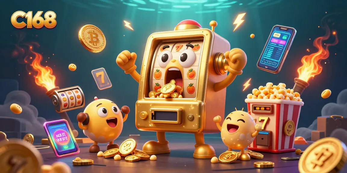 C168 brings excitement as a golden slot machine hits a jackpot surrounded by cheering characters.