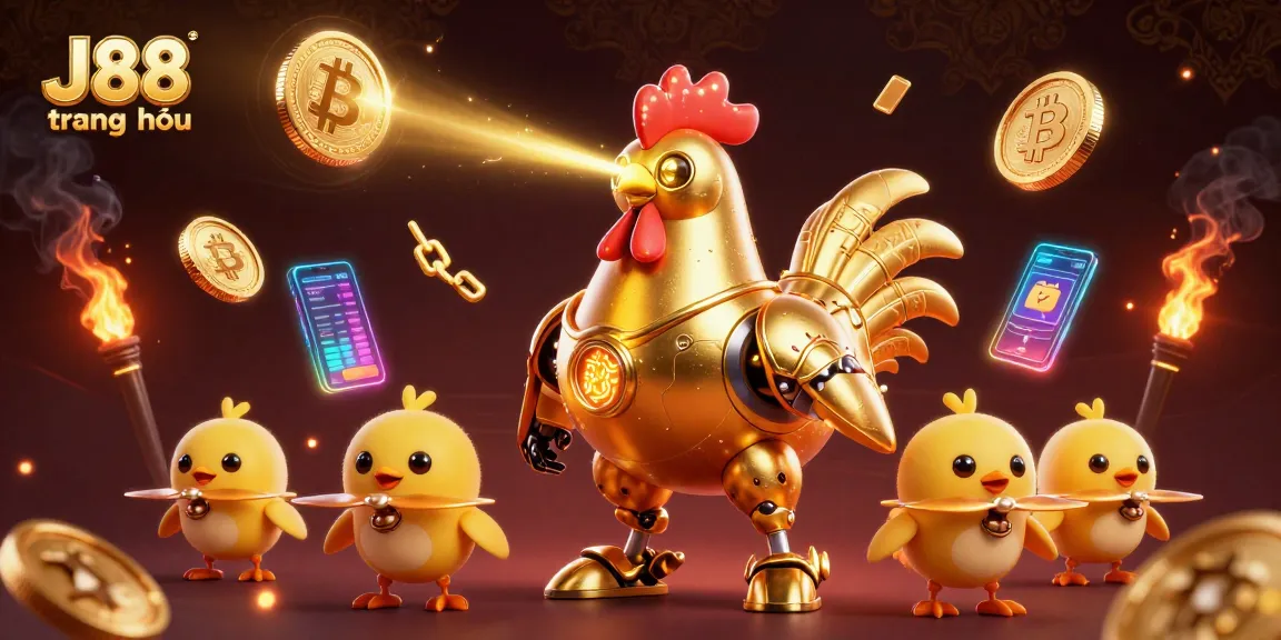 Experience thrilling gaming at J88 trang chủ with golden rooster robot and vibrant cryptocurrency elements.