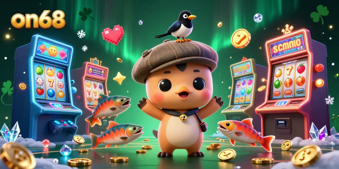 Spin the reels with on68's vibrant 3D cartoon illustration showcasing a playful casino theme filled with dynamic characters and elements.