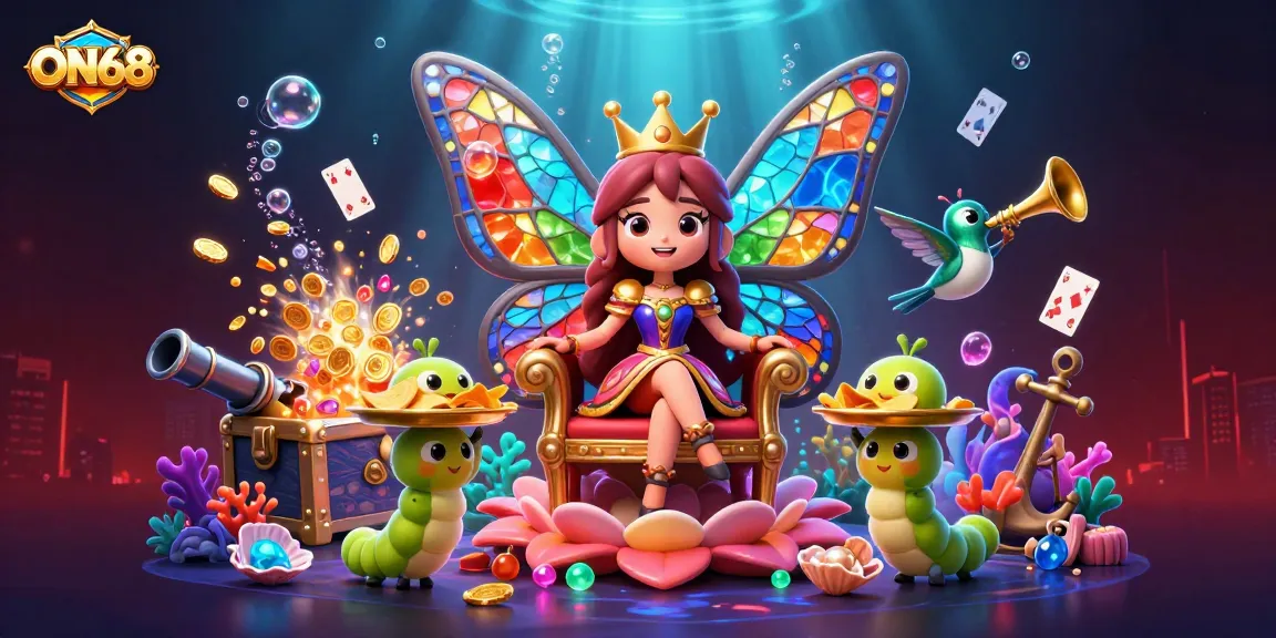 Experience exciting gaming at ON68 with our vibrant underwater casino scene filled with treasures, cards, and characters.