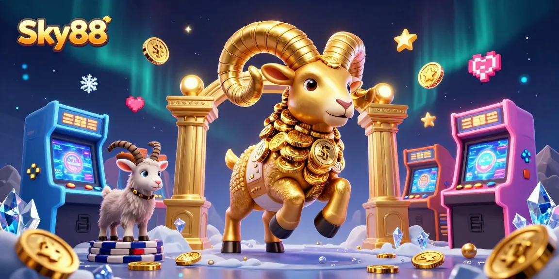 Sky88 offers an engaging gaming experience with a golden ram at a casino gate amid vibrant game elements.