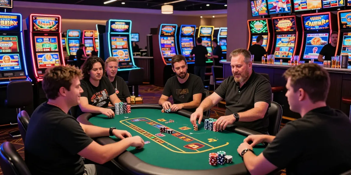 Rajaslot dalam suasana kasino yang meriah dengan permainan dan chip poker.