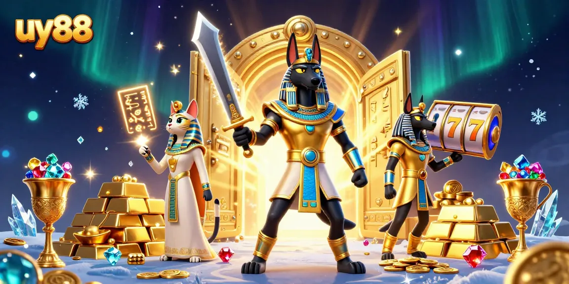 Experience the excitement of uy88 as Anubis and Bastet guard treasures amidst vibrant casino elements.