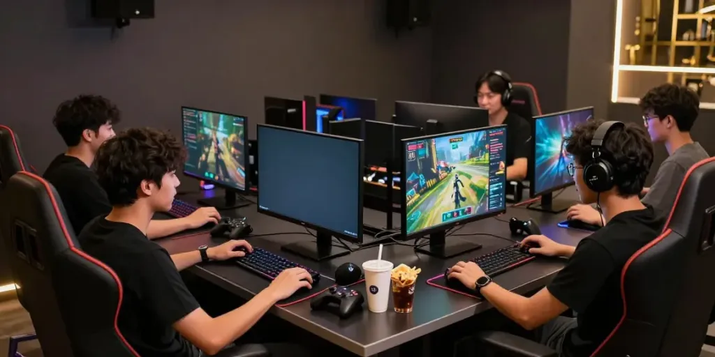 Men gaming at rokok 88 in a stylish digital lounge with vibrant screens.