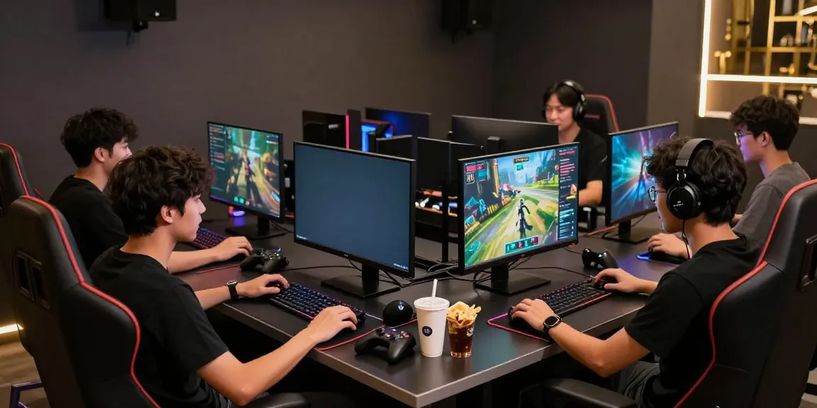 Men gaming at rokok 88 in a stylish digital lounge with vibrant screens.