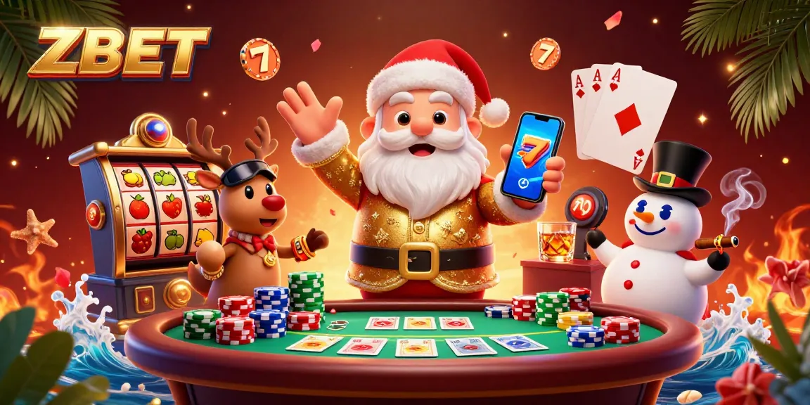 ZBET jackpot slots illustration featuring a festive Santa, reindeer dealer, and poker chip snowman.