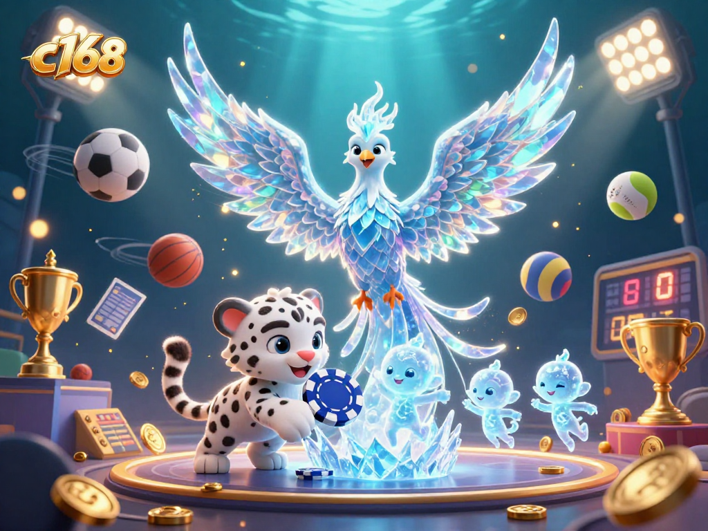 Join the excitement of c168 with a captivating digital art scene of an ice phoenix and vibrant casino gaming elements.