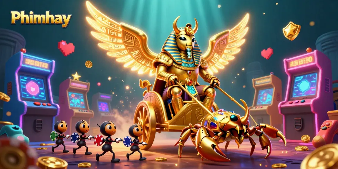 Engage in thrilling Phimhay casino adventures with vibrant golden characters and gaming elements.