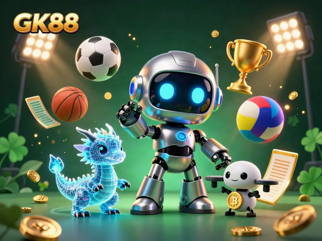 Engage in thrilling sports betting with GK88, featuring a cyberpunk robot, holographic dragon, and bitcoin drone in a vibrant scene.