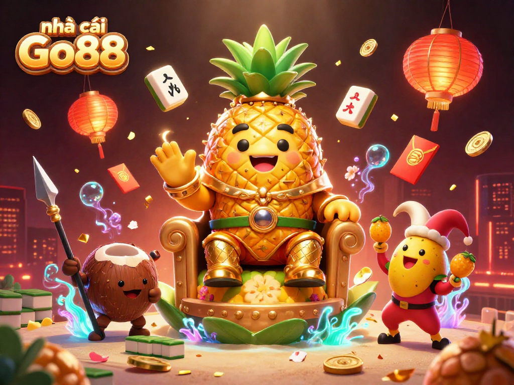 Engaging scene with nhà cái Go88's golden pineapple king and gaming elements, captivating gamblers.
