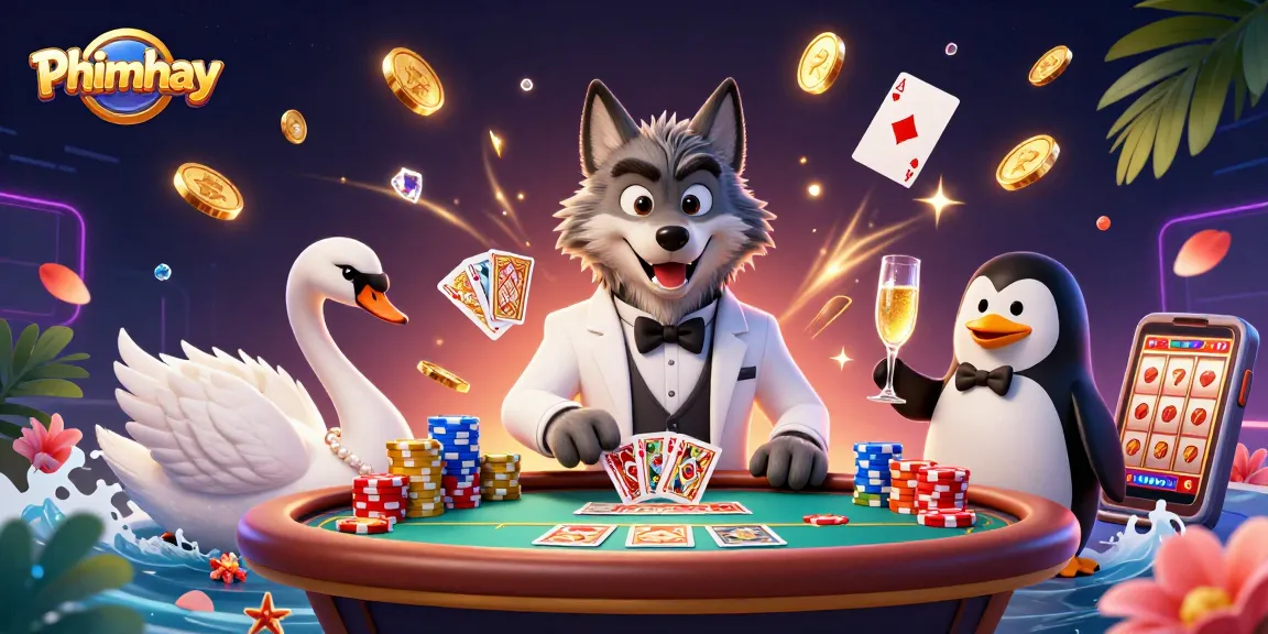 Phimhay showcases a vibrant casino scene with dynamic characters amidst cascading coins and lively game elements.