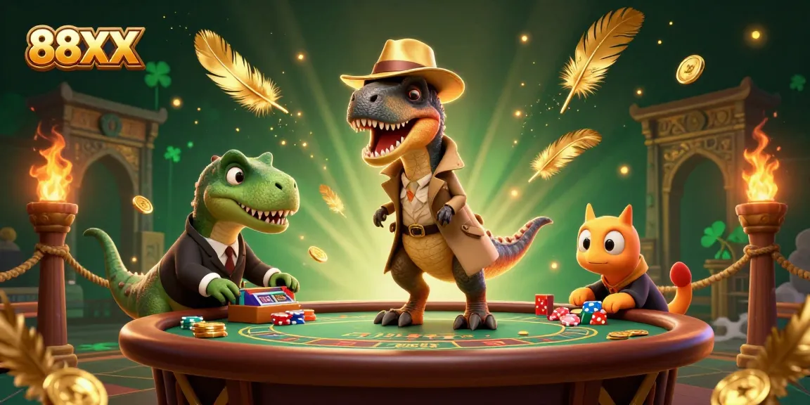 88XX velociraptor card counter slyly playing blackjack amid a bustling casino
