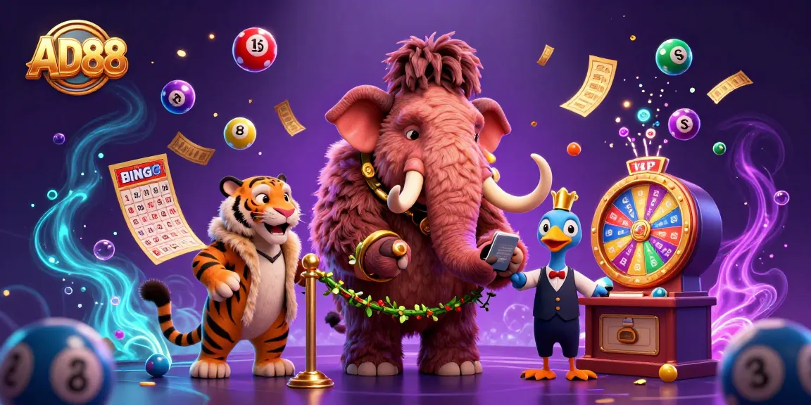 Experience the excitement of AD88 with a vibrant casino scene filled with colorful lottery elements and 3D animated characters.