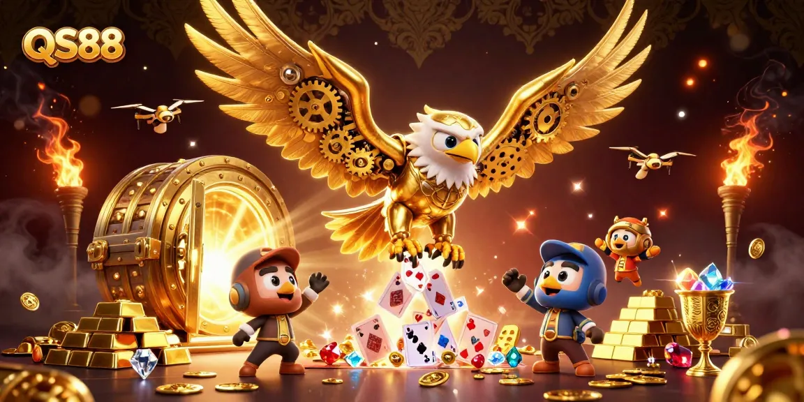 Experience thrilling gaming at QS88 with a cybernetic eagle amidst glimmering treasures and cards.