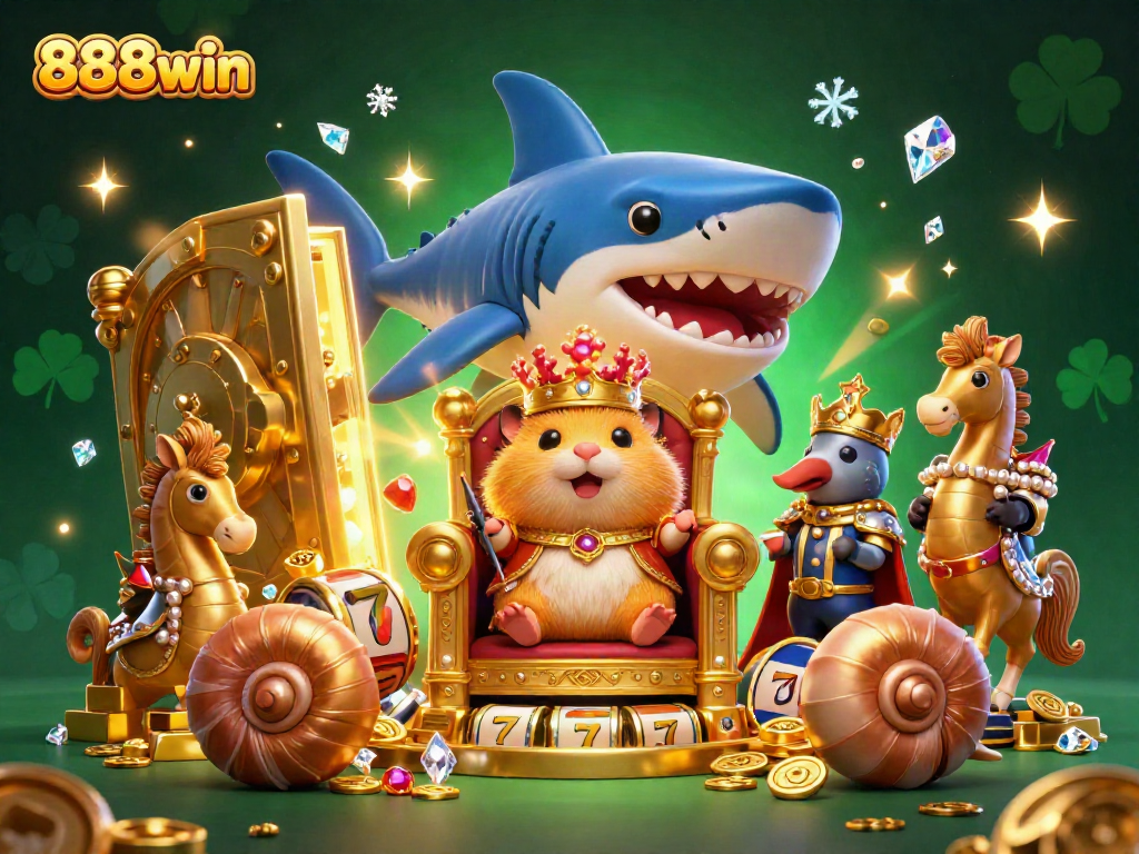 Experience the thrilling world of 888win with this vibrant illustration featuring a fierce hamster king among treasure and slot elements.