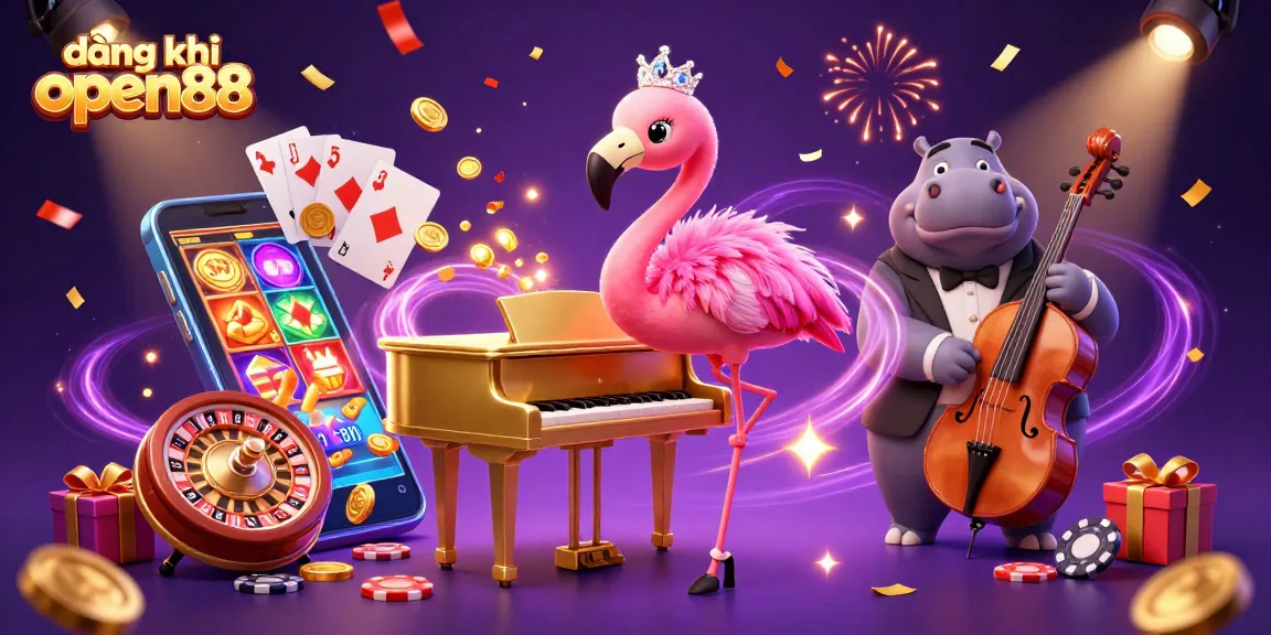 Engaging illustration showcasing đăng ký open88 with vibrant casino elements, featuring a flamingo singer and hippo bassist.