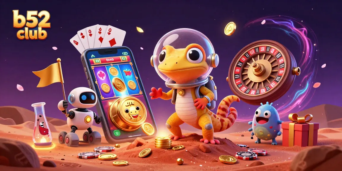 Engage with the exciting b52 club, where a Martian gecko celebrates winning in a vibrant casino.