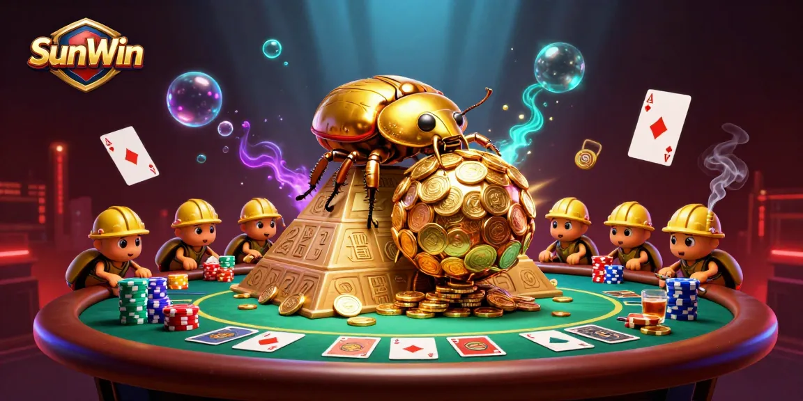 Unleash big wins at SunWin, featuring golden beetles rolling coins in a vibrant casino atmosphere.