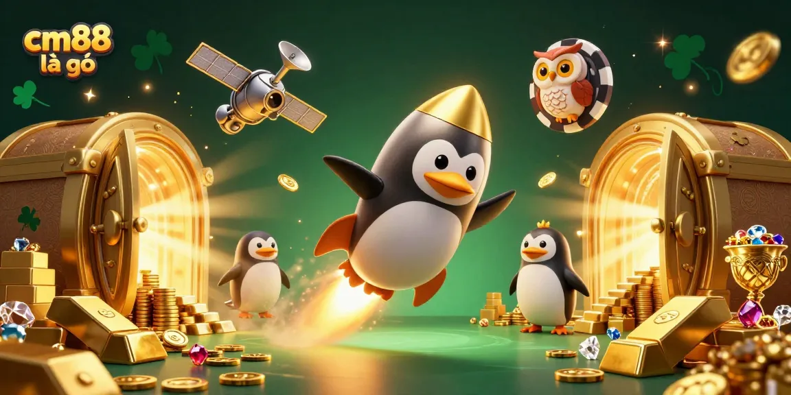 Experience cm88 là gì through a vibrant 3D illustration of a golden penguin on a thrilling casino adventure.