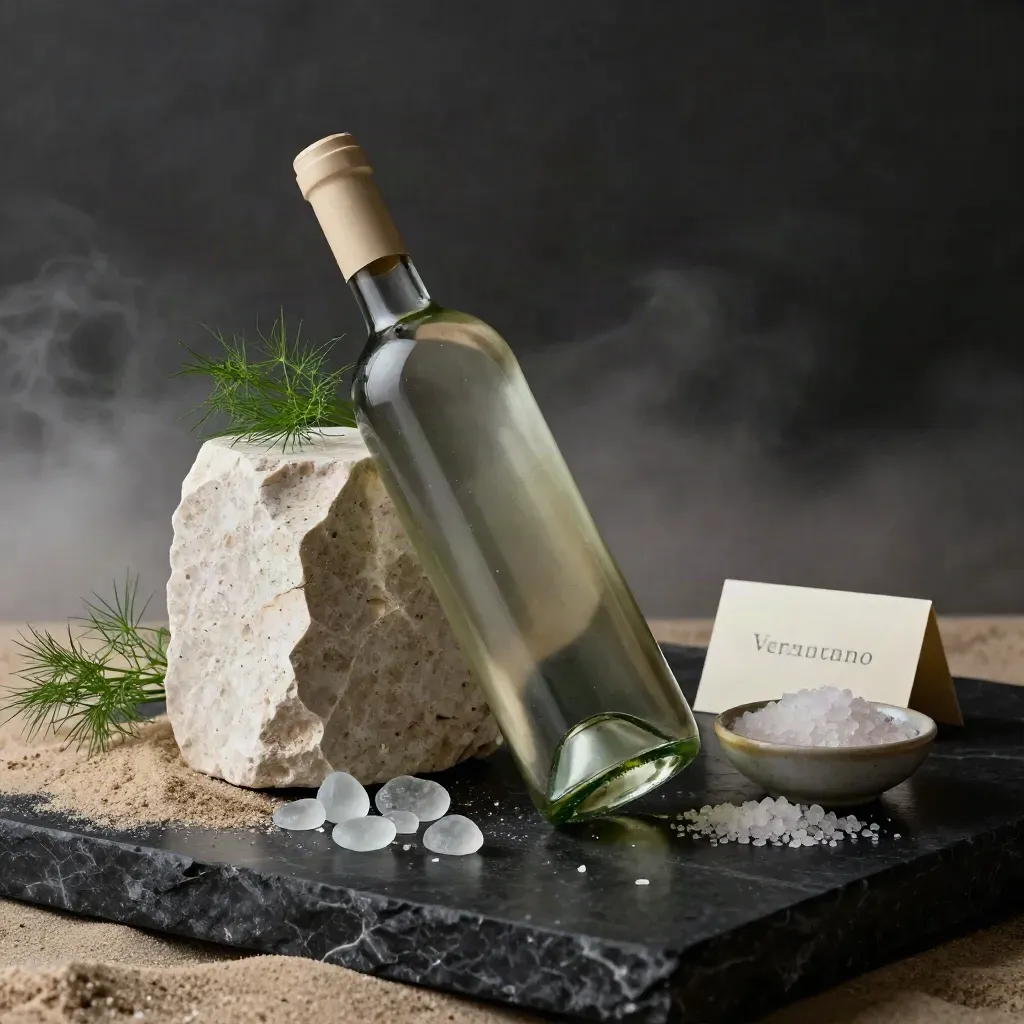 Bottiglia di Vermentino con pietra calcarea, vetro marino, finocchio e sale su fondo scuro.