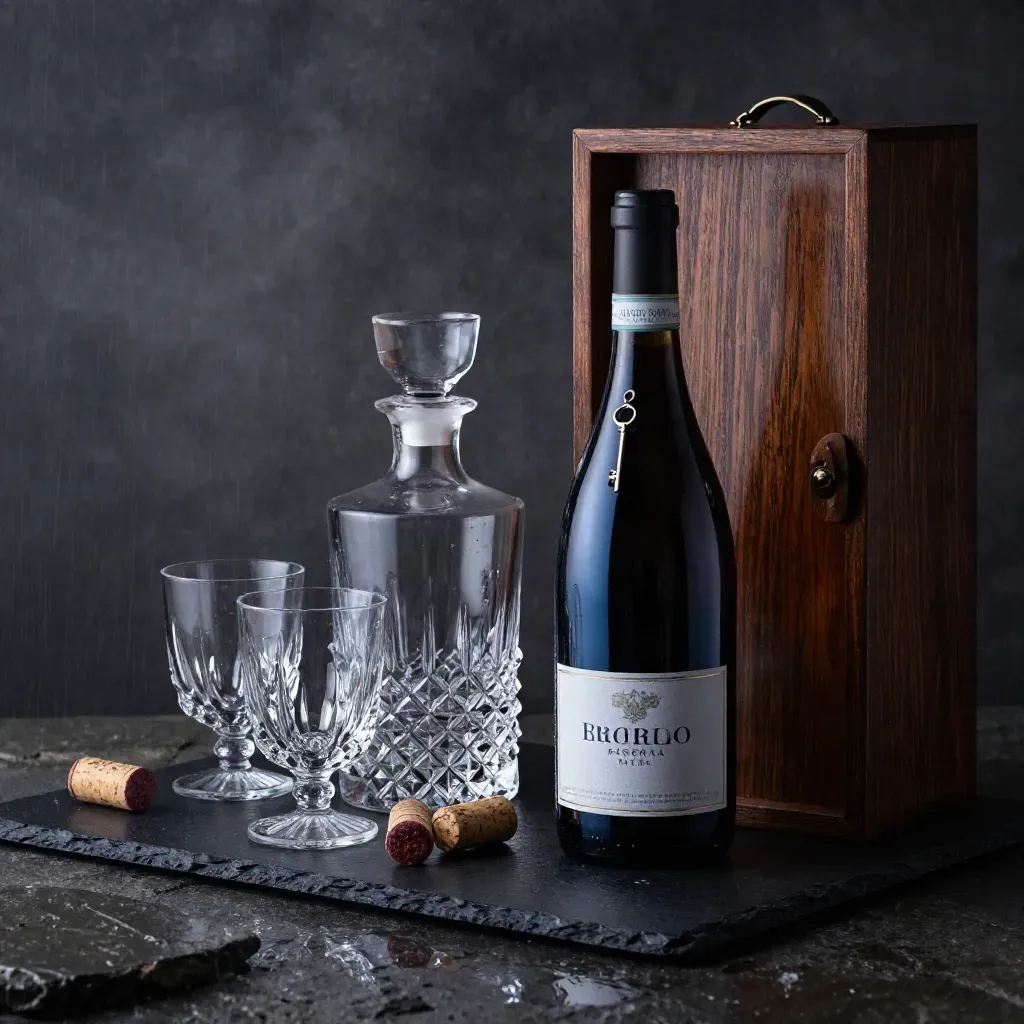 Bottiglia di Barolo con decanter, due bicchieri e tappi su ardesia scura, luce blu serale