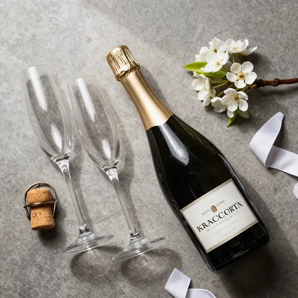 Flat lay dall'alto di bottiglia Franciacorta, due flute, gabbia oro e fiori di pero.