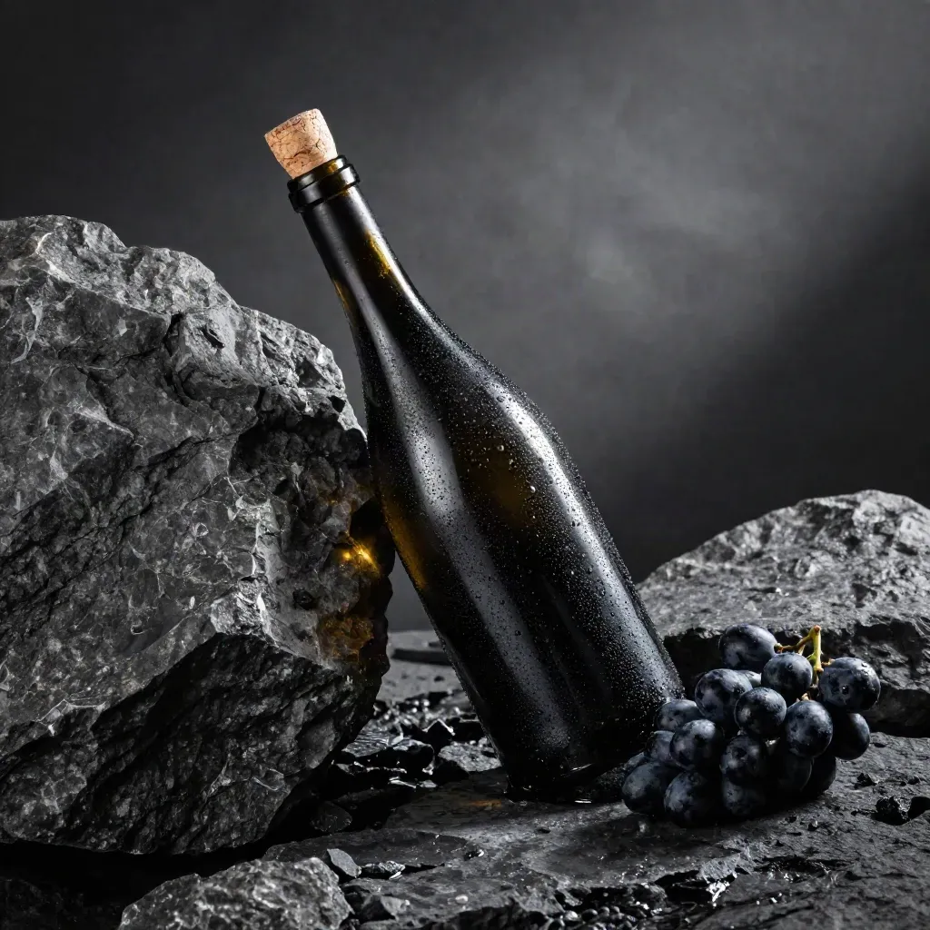 Bottiglia di Amarone su basalto bagnato con uva nera, sughero rotto e scheggia di pietra.