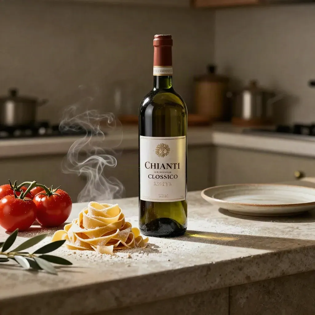 Bottiglia di Chianti Classico Riserva con pasta fresca, pomodori, olive e piatto rustico su pietra