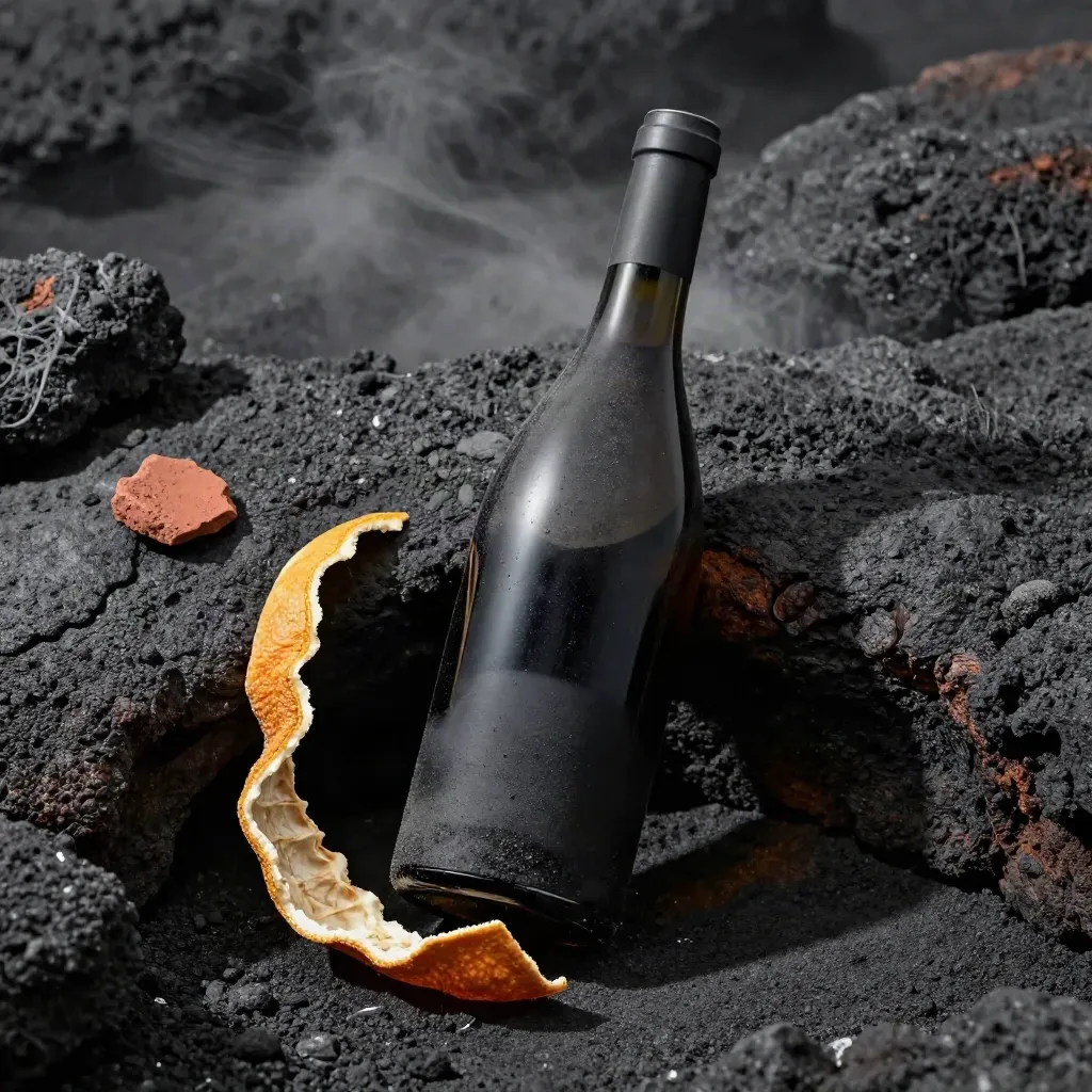 Bottiglia di vino su cenere vulcanica, pietra bruciata e scorza d’arancia secca