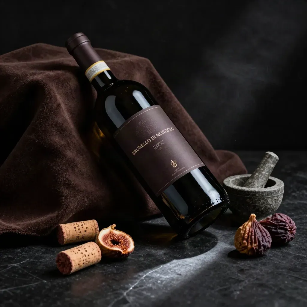 Bottiglia di Brunello con camoscio scuro, tappi stagionati, fichi secchi e mortaio su fondo nero.