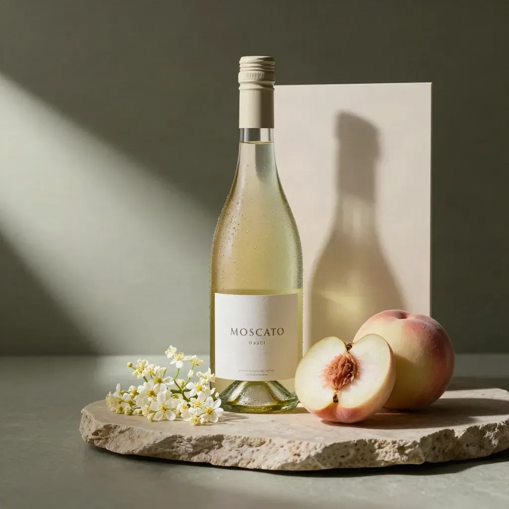 Bottiglia di Moscato d’Asti con pesche bianche, sambuco e tappo di cristallo su pietra chiara.
