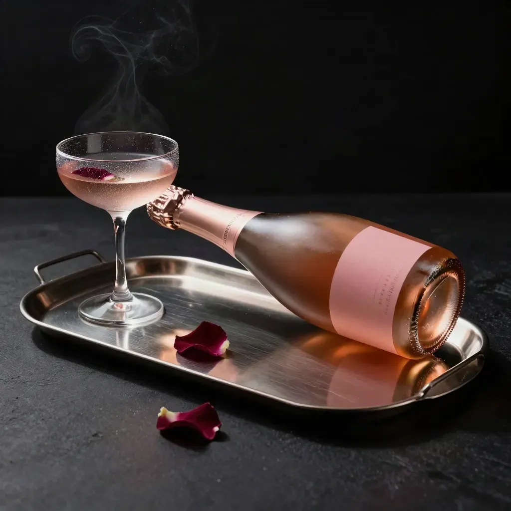 Bottiglia di Rosé Brut, calice coupe, petali di rosa e vassoio metallico in luce drammatica.