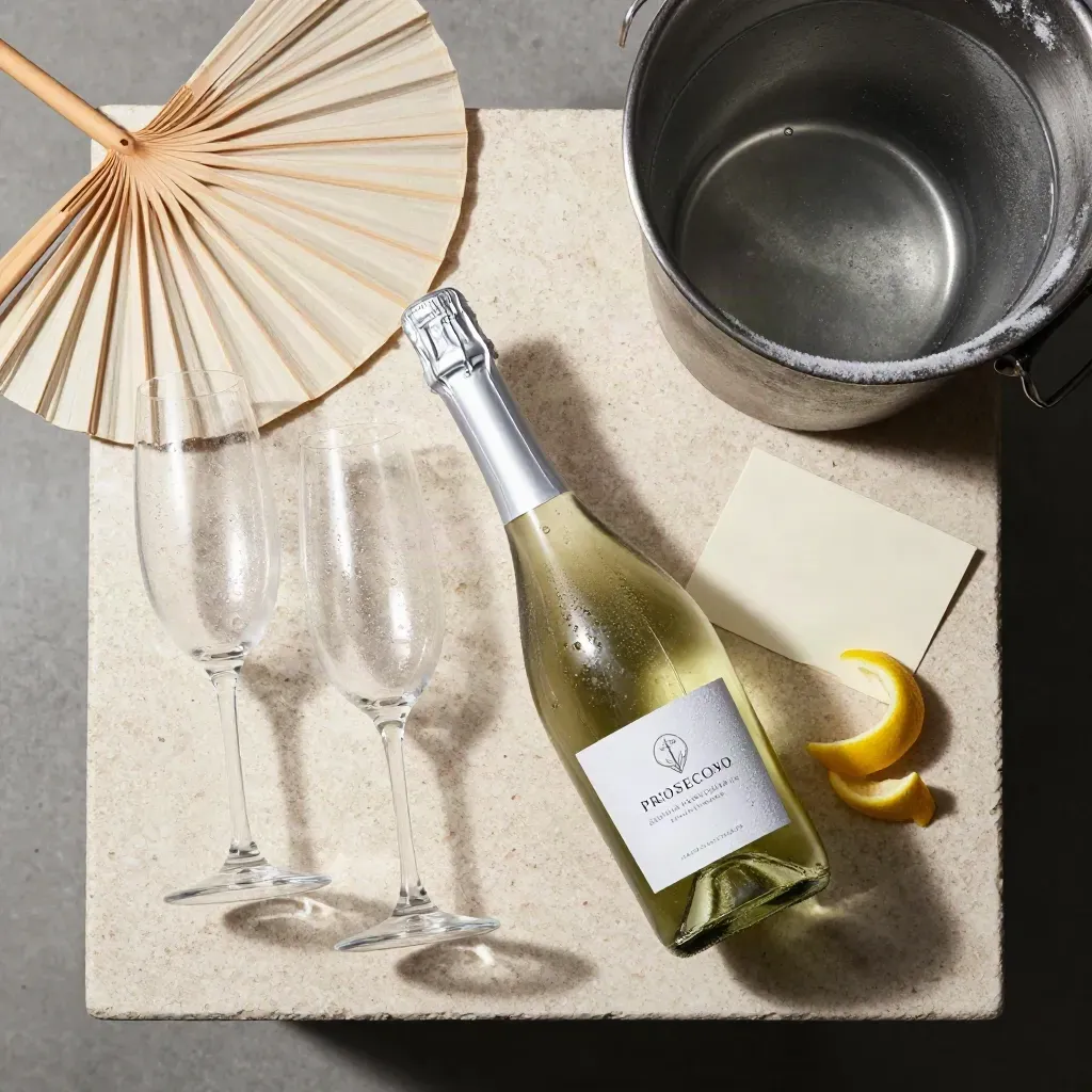 Flat lay di Prosecco con flute, secchiello e scorza di limone su travertino chiaro.