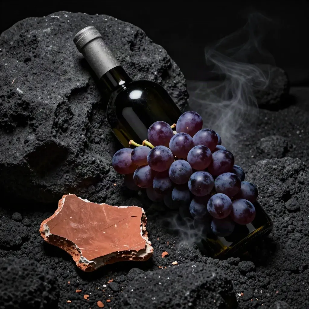 Bottiglia di Nero d’Avola su pietra lavica nera con uva e frammento di terracotta