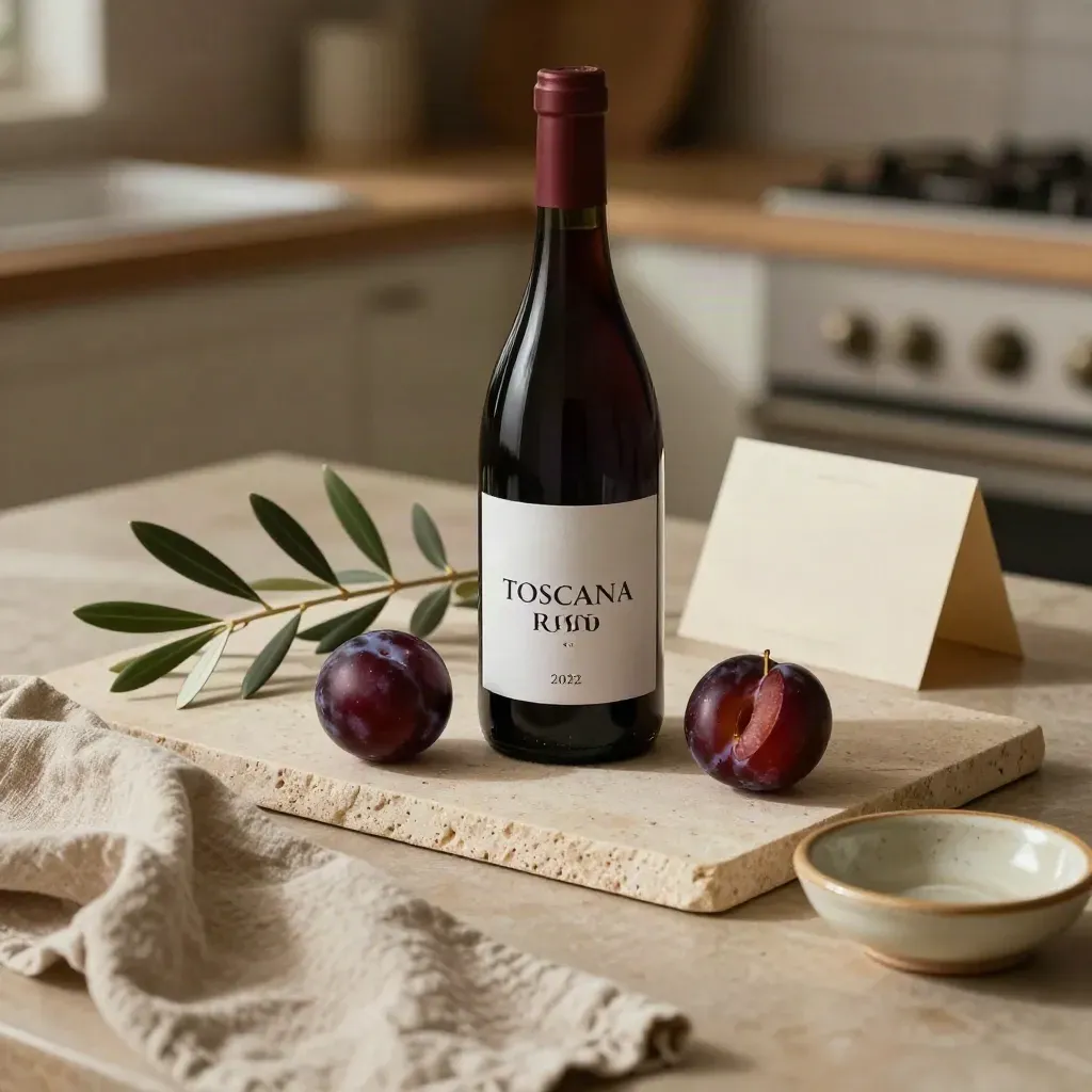 Bottiglia di vino rosso su pietra chiara con oliva, prugna, lino e ceramica.