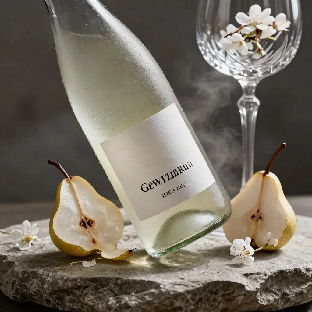Bottiglia di Gewürztraminer su pietra calcarea con fiori bianchi e pera, in macro diagonale