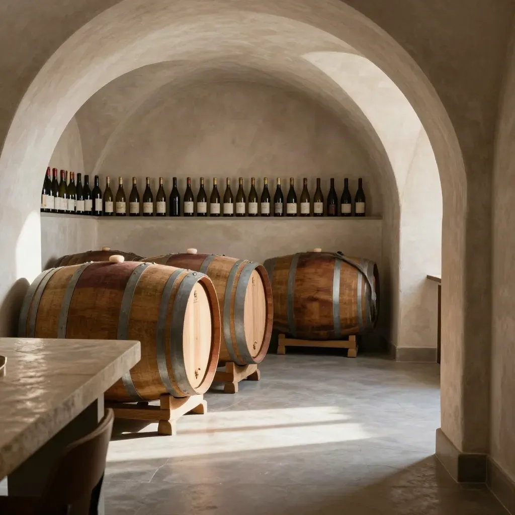 Cantina a volta con botti di rovere, tavolo in pietra e bottiglie in alto, luce pomeridiana calda.